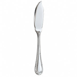 A polished silver cheese knife with a decorative handle, shown vertically against a plain white background.