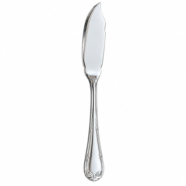 A polished silver cheese knife with a decorative handle, shown vertically against a plain white background.