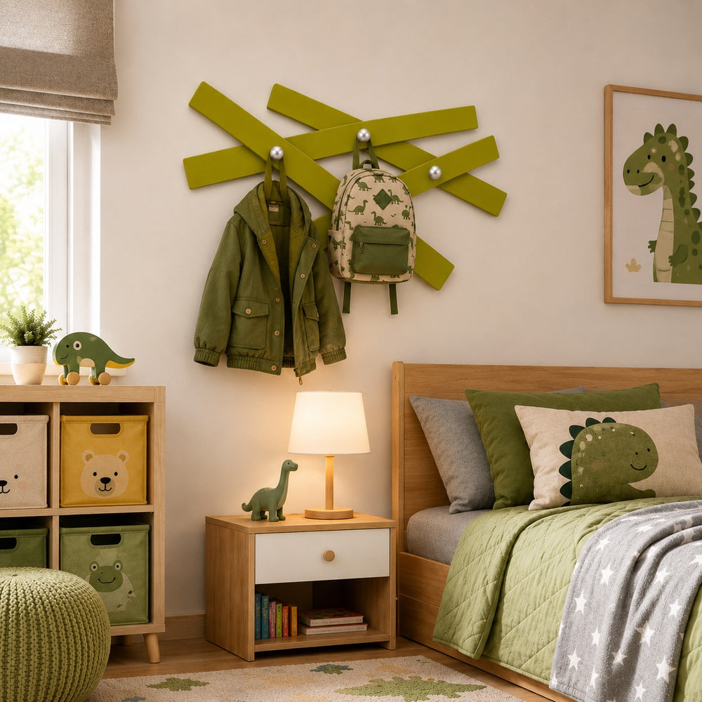 Mikado wooden wall coat rack with 4 brushed silver hooks. Decorative crossed-slat design available in Blackberry and Pistachio Green. Ideal for entryways, bedrooms, hallways, and offices.