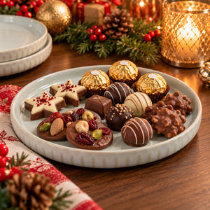 A round ceramic platter filled with assorted chocolates and truffles, styled on a wooden table with holiday decorations including pine branches, red berries, gold ornaments, and a lit candle.