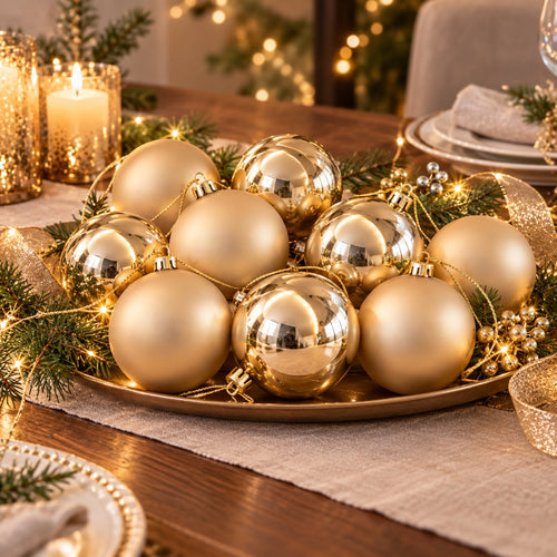 A set of metallic gold Christmas baubles arranged on a bronze tray with pine branches and warm string lights on a dining table.