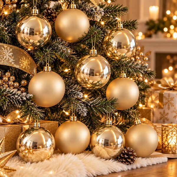 A set of metallic gold Christmas ball ornaments displayed on a decorated Christmas tree and on the floor beside wrapped gifts, with warm string lights in the background.