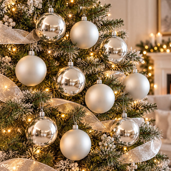A close-up of a decorated Christmas tree with large reflective silver and matte white baubles, warm white string lights, sheer silver ribbons, and frosted greenery, with a softly blurred indoor holiday background.