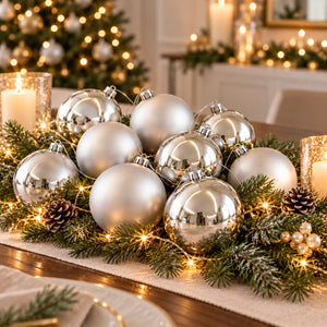 A festive Christmas table centerpiece featuring a cluster of shiny silver and matte white baubles nestled in green pine garland with warm white string lights, pinecones, and candles in a softly blurred holiday room setting.
