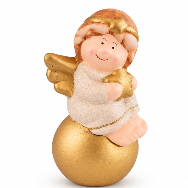 A decorative angel figurine with a gold-painted base, white textured robe, peach skin, and gold wings, holding a gold star against a plain white background.