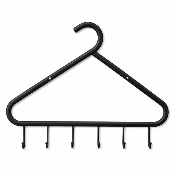 Ariane black metal hanger-shaped wall-mounted coat rack with six hooks on a clean white background.
