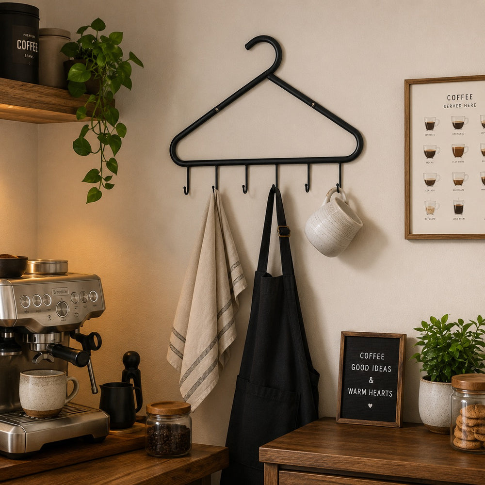 Ariane black metal wall-mounted coat rack above a coffee machine with different coffee mugs hanging from the hooks.