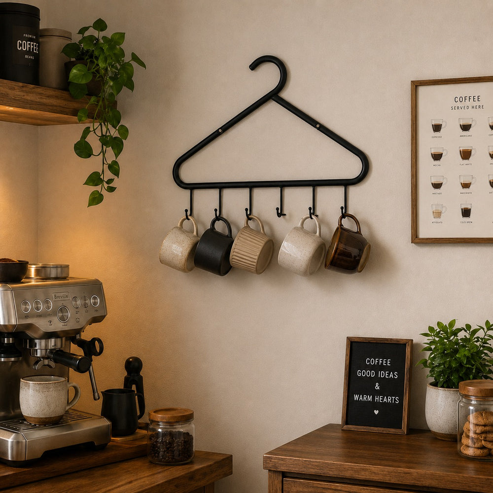 Ariane black metal wall-mounted coat rack above a coffee machine with different coffee mugs hanging from the hooks.