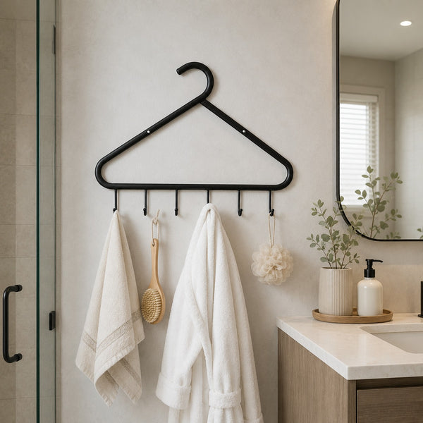 A black metal hanger-style robe rack with five hooks hangs on a light beige bathroom wall. Two white towels, a wooden scrubber, and a white bath bomb are hanging from the hooks.