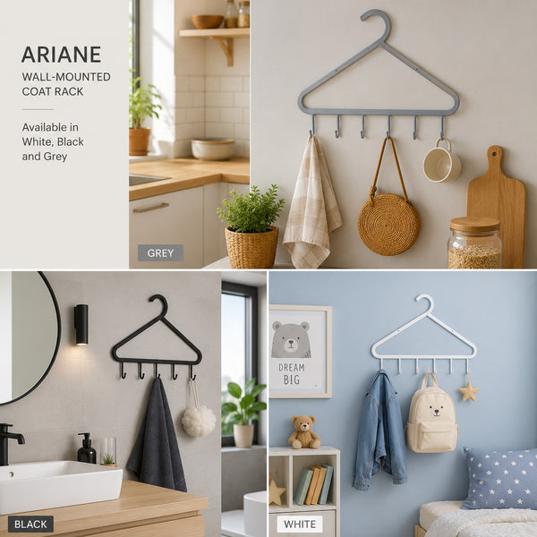 A collage showing a wall-mounted coat rack in three colorways: grey, black, and white. The main panel shows the grey version mounted on a beige wall in a kitchen setting, holding towels, a woven bag, and a mug.