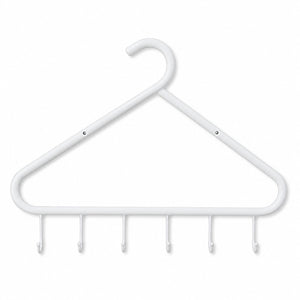 A white metal hanger with six hooks along the bottom bar, shown against a plain white background.