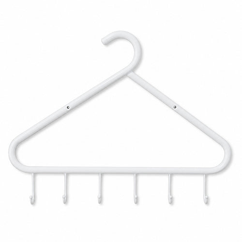 A white metal hanger with six hooks along the bottom bar, shown against a plain white background.