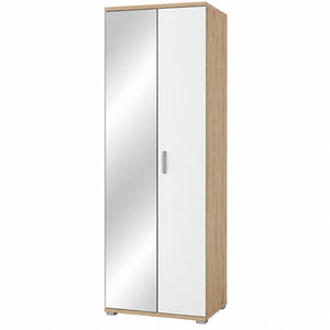 A tall two-door wardrobe with a light oak wood frame, white doors, one of which is mirrored, and a slim silver handle, shown on a plain white background.