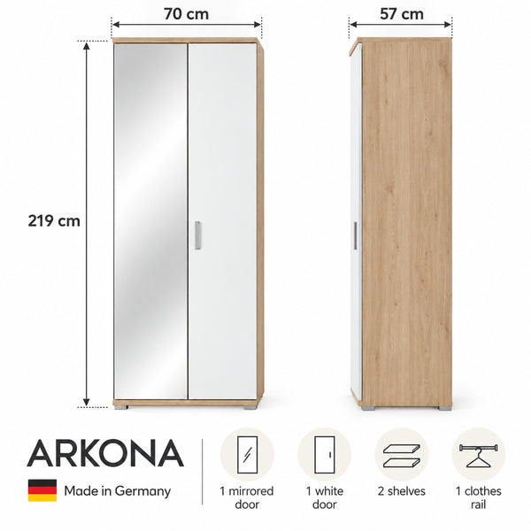 A product dimension diagram for an ARKONA wardrobe. The image shows two views of the wardrobe: a front view with mirrored double doors (70 cm wide, 219 cm tall) and a side profile view (57 cm wide, light wood finish).