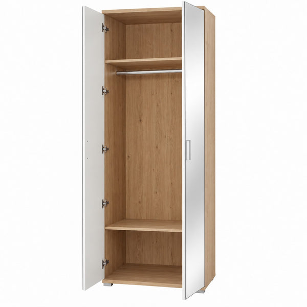 A tall wooden wardrobe with two doors, one open, showing a light oak wood interior with two shelves and a hanging rod, set against a plain white background.