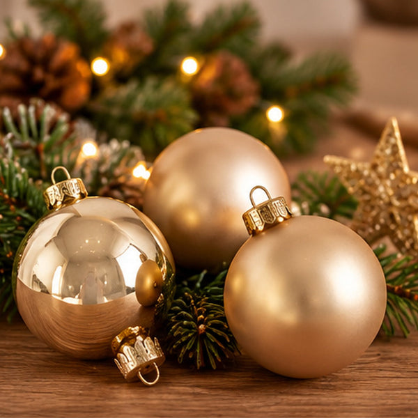 Three round gold Christmas ornaments with a metallic finish, displayed on a wooden surface with pine branches, pinecones, and warm string lights in the background.