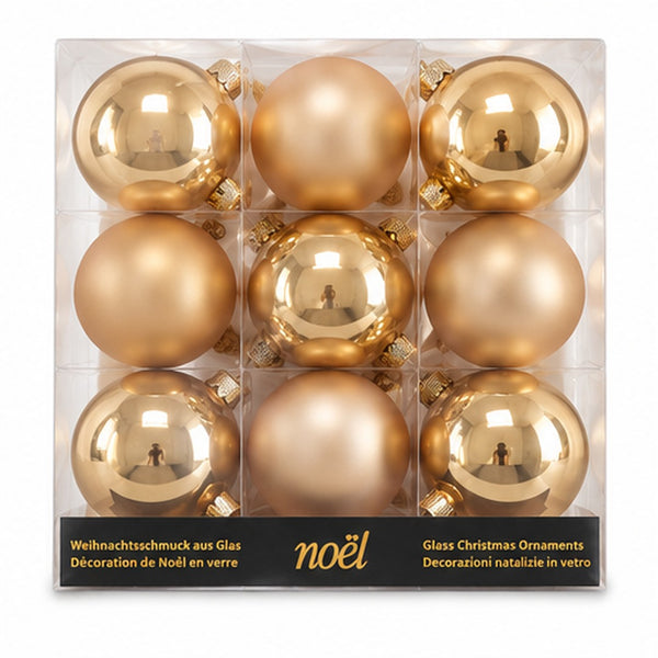 Pack of nine gold Christmas glass ornaments in a clear plastic grid package with a black label at the bottom.