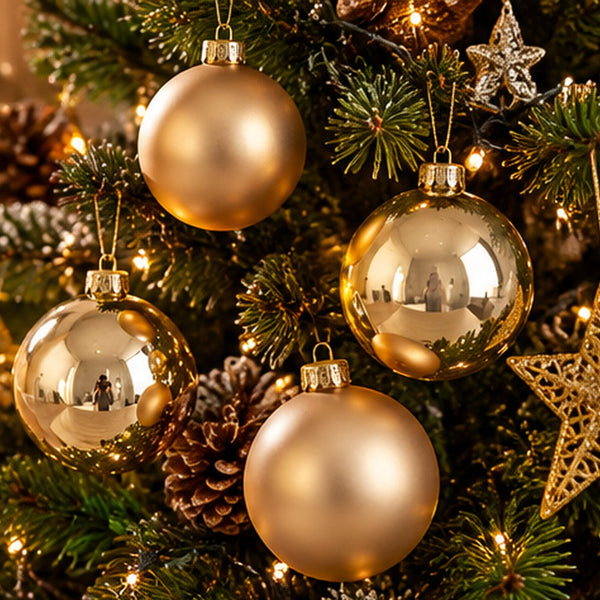 Four metallic gold Christmas tree ornaments hanging on a decorated evergreen tree with pinecones and warm string lights.