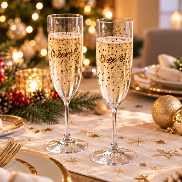 Two clear champagne flutes filled with bubbly champagne, printed with the word 'Cheers!' in black script, set on a decorated holiday table with gold star placemats and warm bokeh lights in the background.