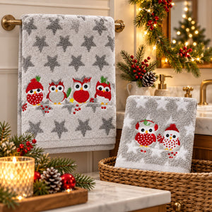 Christmas owl towel gift set with two different embroidered towel designs