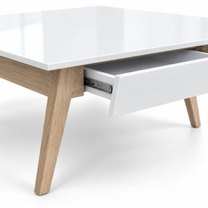 Modern High-Gloss Square Coffee Table with Drawer – White & Natural Wood – 80 × 80 cm