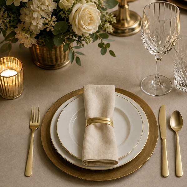 A styled table setting with a place setting featuring stacked white plates with gold trim, a folded cream linen napkin with a gold ring, a gold charger plate, gold flatware, and elegant glassware on a beige tablecloth.
