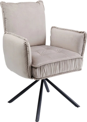 Kare Design Velvet Grey Swivel Dining Chair with Armrests – 360° Padded Design Chair with Black Metal Legs