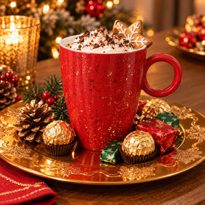 A festive red ceramic mug filled with hot chocolate and topped with whipped cream, cocoa powder, and a gingerbread cookie, arranged on a gold tray with wrapped chocolates, pinecones, and holiday decorations in a warm, blurred background.