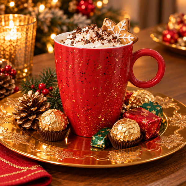 A festive red ceramic mug filled with hot chocolate and topped with whipped cream, cocoa powder, and a gingerbread cookie, arranged on a gold tray with wrapped chocolates, pinecones, and holiday decorations in a warm, blurred background.