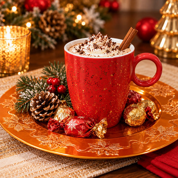 A festive holiday scene featuring a red speckled ceramic mug filled with whipped cream and a cinnamon stick, set on a gold plate with wrapped chocolates, pinecones, and evergreen branches.