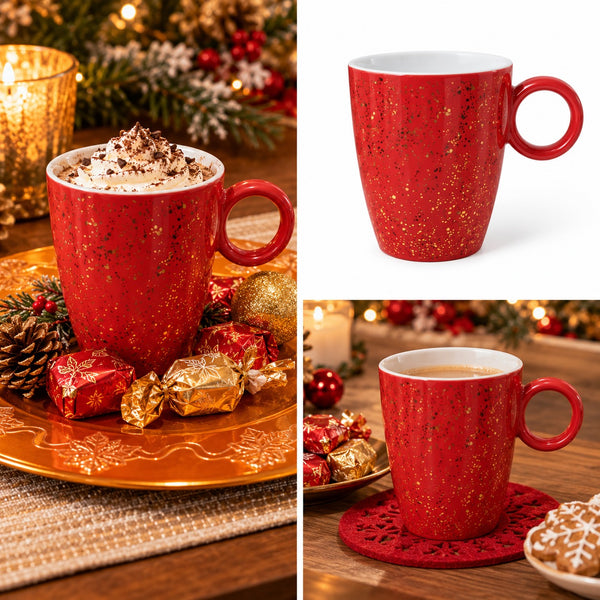 A red ceramic mug with gold speckles shown in three panels: one filled with a hot chocolate drink on a holiday table, one isolated on a white background, and one on a coaster on a wooden table. The mug has a white interior and a handle on the right side.