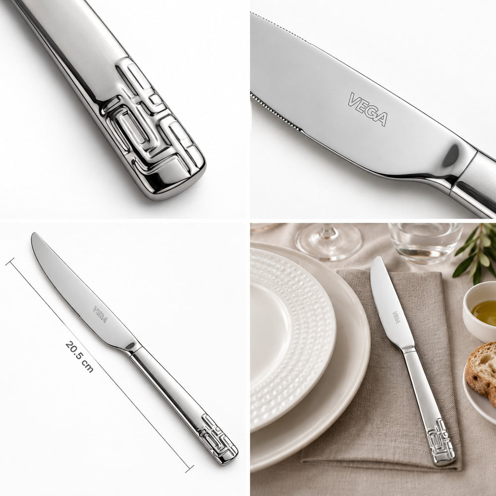 A collage showing a silver-toned VEGA knife from multiple angles: close-up of the handle, close-up of the blade, full length with 20.5 cm dimension line, and styled on a table setting with plates and bread.