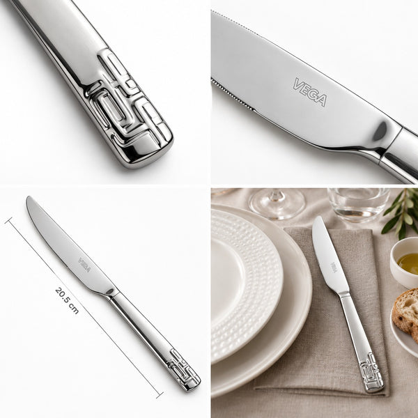 A collage showing a silver-toned VEGA knife from multiple angles: close-up of the handle, close-up of the blade, full length with 20.5 cm dimension line, and styled on a table setting with plates and bread.