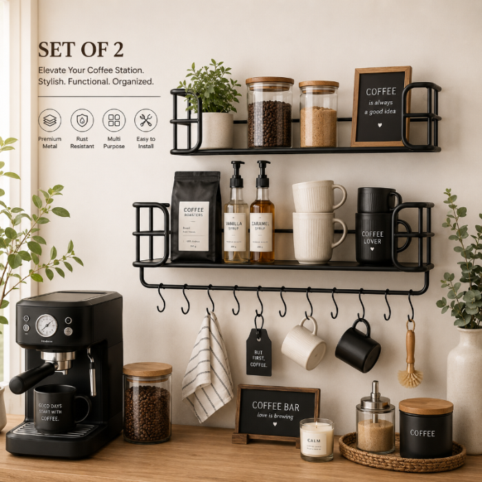 Wenko Industrial Wall Shelf Set – 2-Piece Black Metal & MDF Floating Shelves with 10 S-Hooks