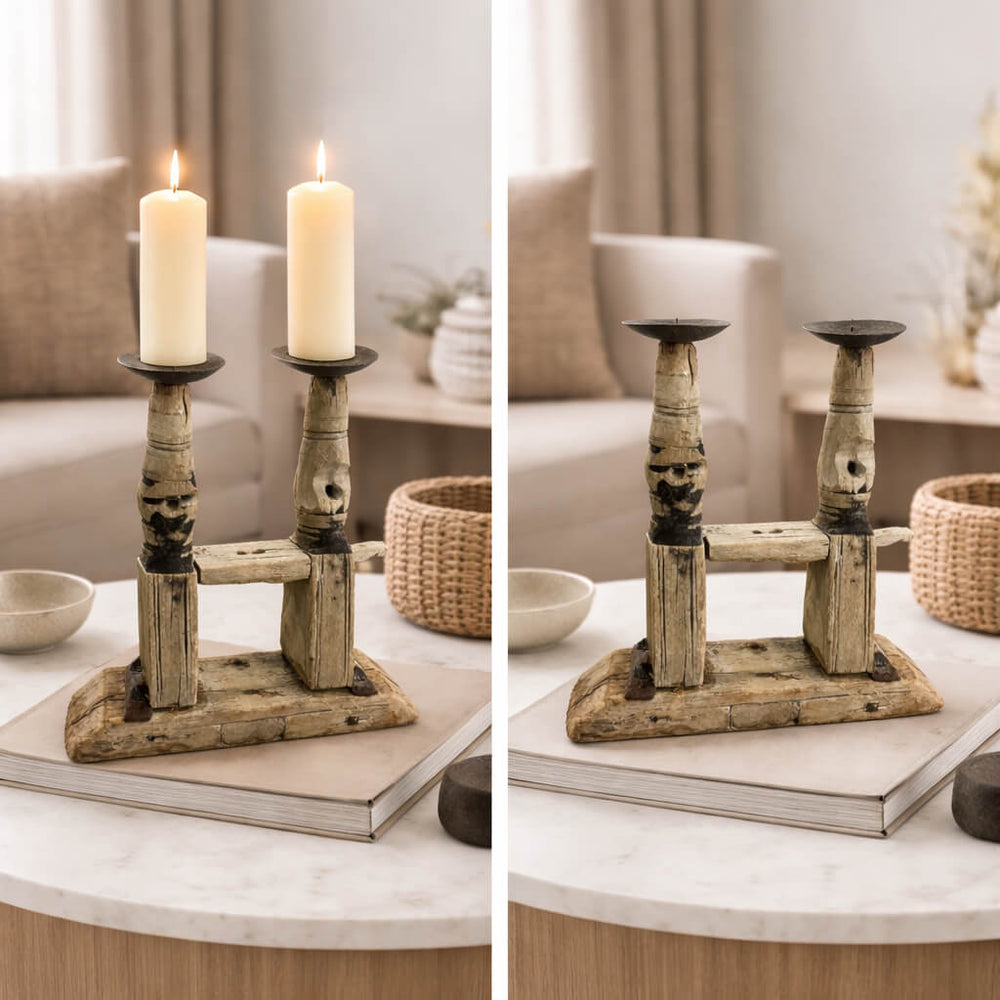 Antique Wood and Steel Candle Holder - Small, Medium, Large