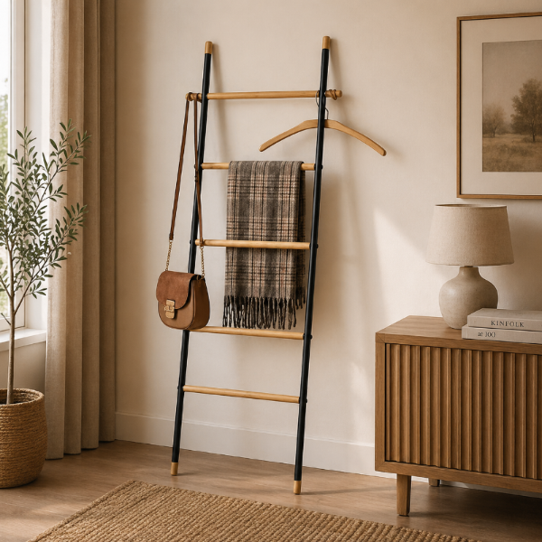 Wenko Loft Towel Ladder – Industrial Black Steel & Bamboo Rack with Hooks