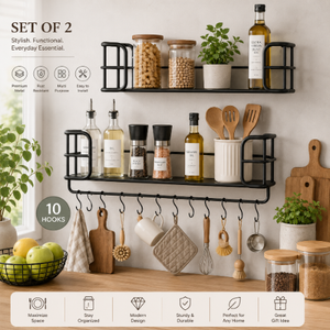 Wenko Industrial Wall Shelf Set – 2-Piece Black Metal & MDF Floating Shelves with 10 S-Hooks