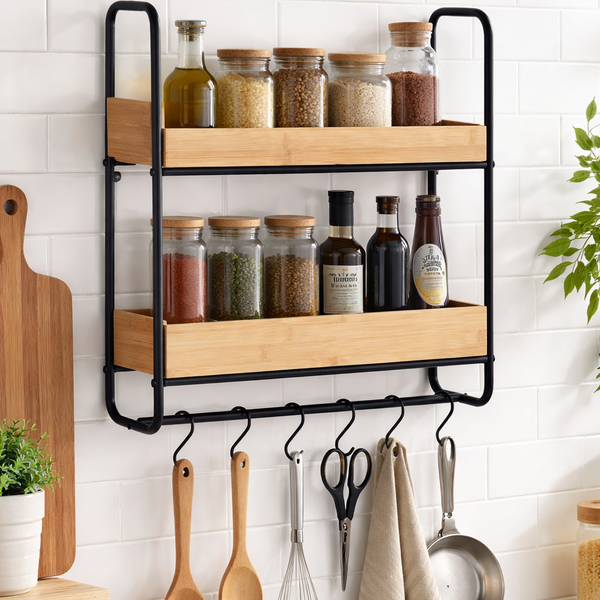 Wenko Loft 2-Tier Wall Shelf – Industrial Bamboo & Black Steel Organizer with 6 S-Hooks