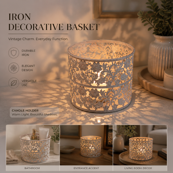 Elegant Iron Decorative Basket & Candle Holder – Multi-Purpose Organizer Description