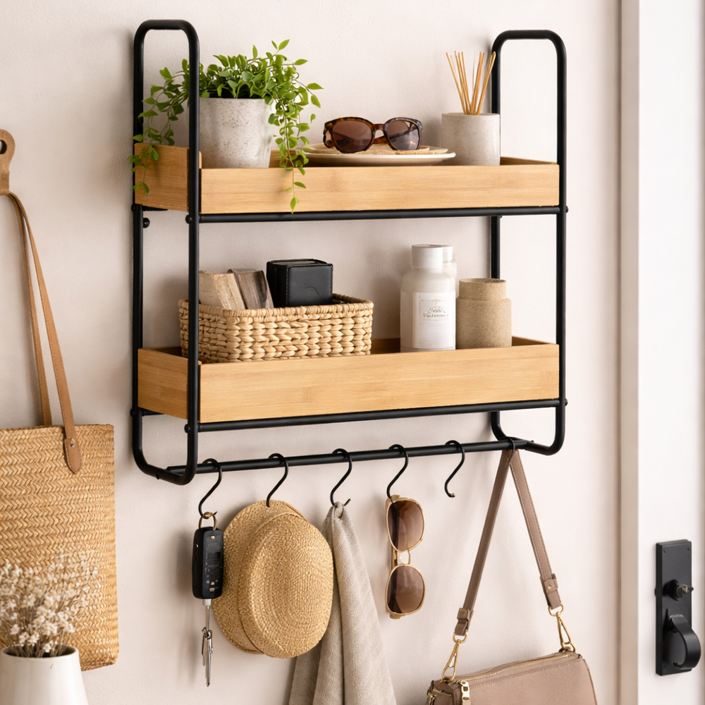 Wenko Loft 2-Tier Wall Shelf – Industrial Bamboo & Black Steel Organizer with 6 S-Hooks