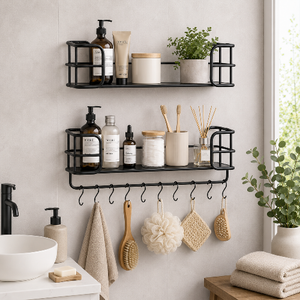 Wenko Industrial Wall Shelf Set – 2-Piece Black Metal & MDF Floating Shelves with 10 S-Hooks