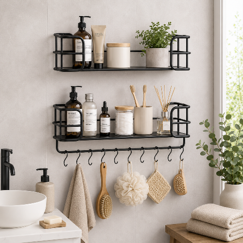 Wenko Industrial Wall Shelf Set – 2-Piece Black Metal & MDF Floating Shelves with 10 S-Hooks