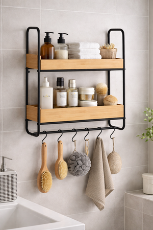 Wenko Loft 2-Tier Wall Shelf – Industrial Bamboo & Black Steel Organizer with 6 S-Hooks