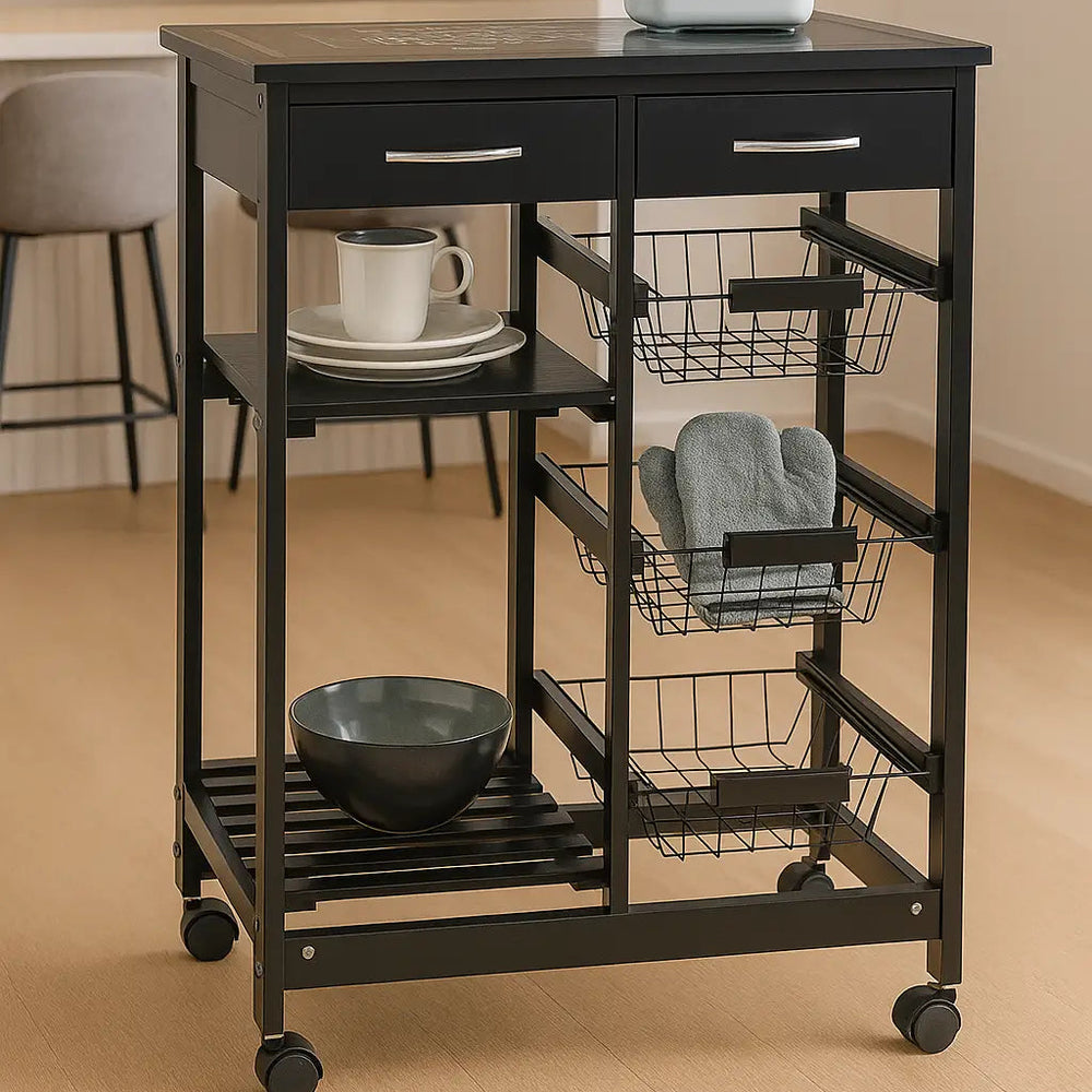 Wenko Bon Appetit Kitchen Trolley – 5-Tier Rolling Cart with Glass Cutting Board