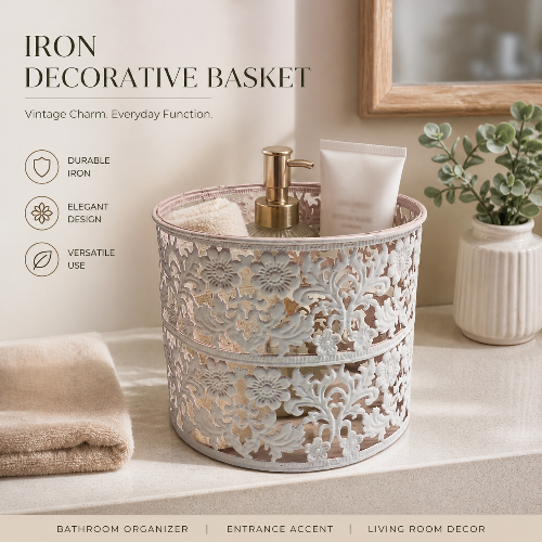 Elegant Iron Decorative Basket & Candle Holder – Multi-Purpose Organizer Description