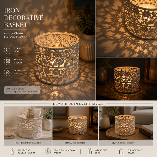 Elegant Iron Decorative Basket & Candle Holder – Multi-Purpose Organizer Description