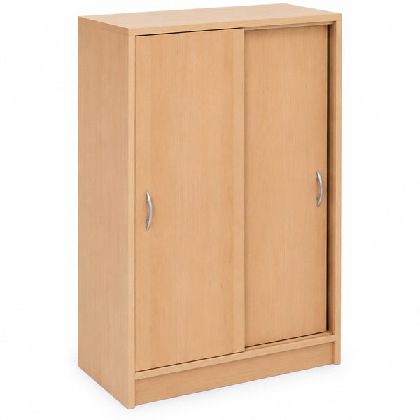 A light natural wood wardrobe with two sliding doors and silver metal handles, shown on a plain white background.