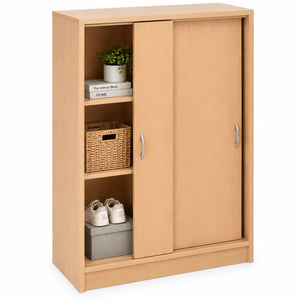 A light natural wood sliding door storage cabinet with three open shelves on the left, shown on a white background with decorative items inside.