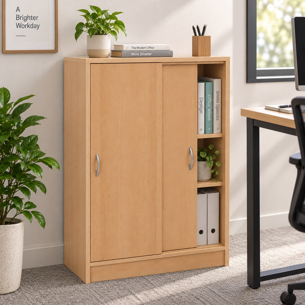 A light natural wood sliding cabinet with two doors and silver handles, styled in a modern entryway next to a slatted wood wall, bench, and door.