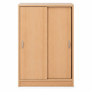 A light natural wood sliding wardrobe or storage cabinet with two doors and slim silver metal handles, shown against a plain white background.